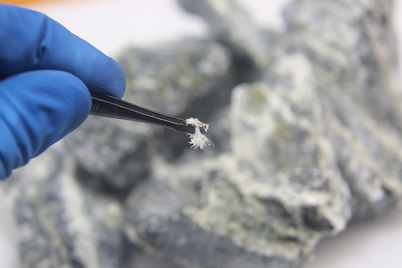 Gloved hand holding sample in tweezers with rocks in background